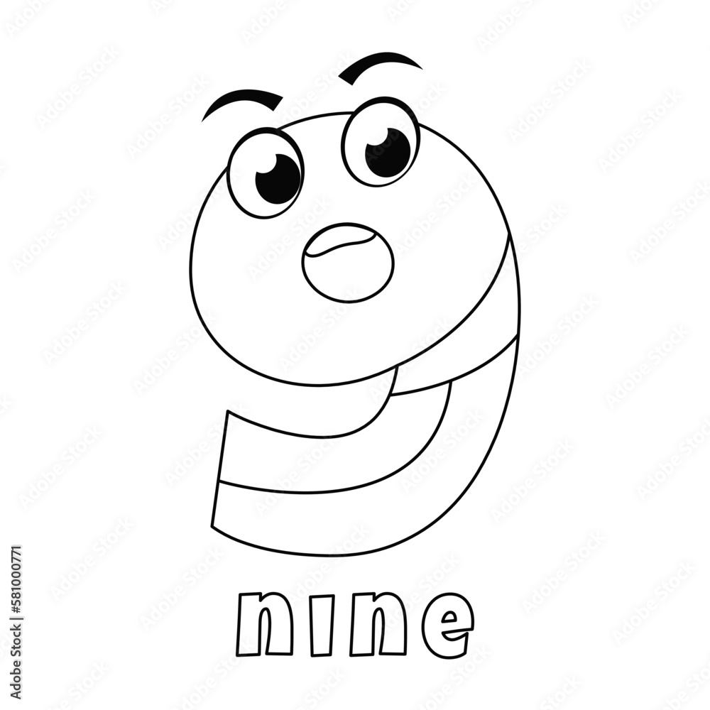 Number nine coloring page with the eyes and the number 9 stock vector