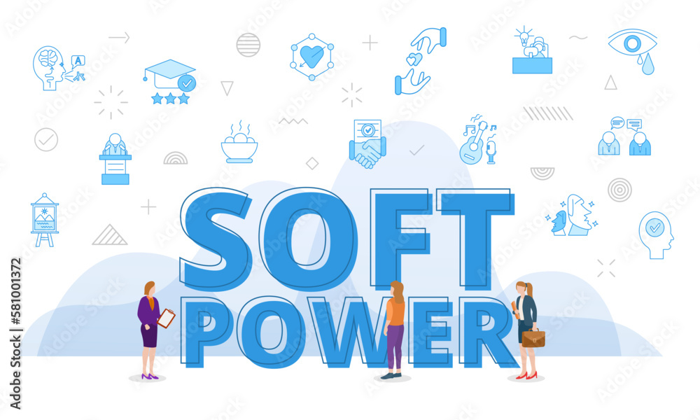 soft power concept with big words and people surrounded by related icon with blue color style