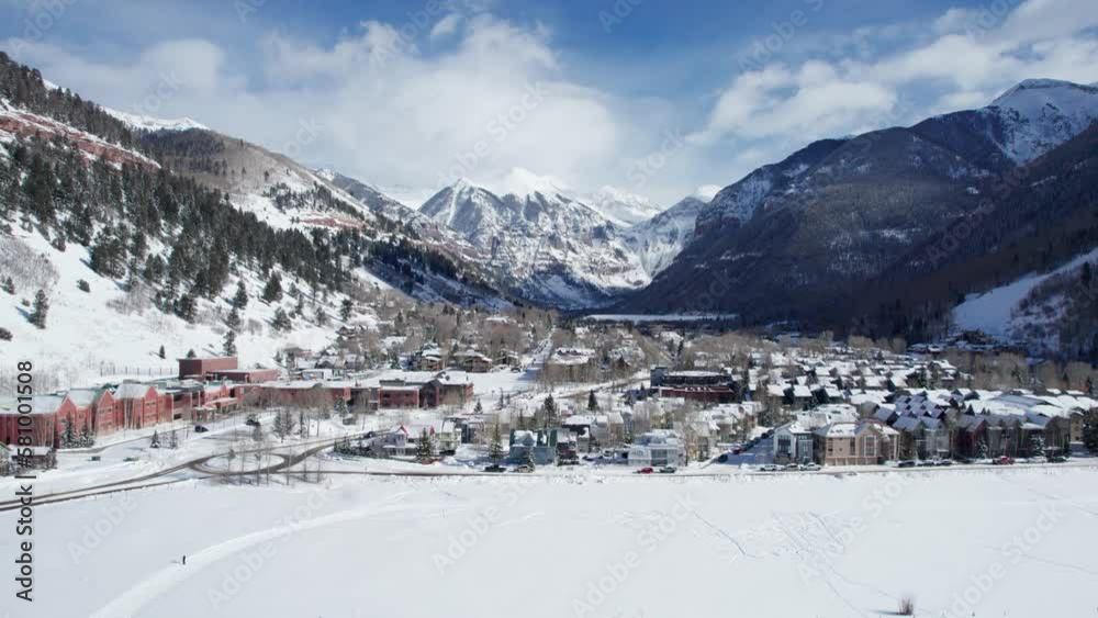 Panning drone shot showing all of Telluride, Colorado with mountains in distance Panning drone shot showing all of Telluride, Colorado with mountains in distance