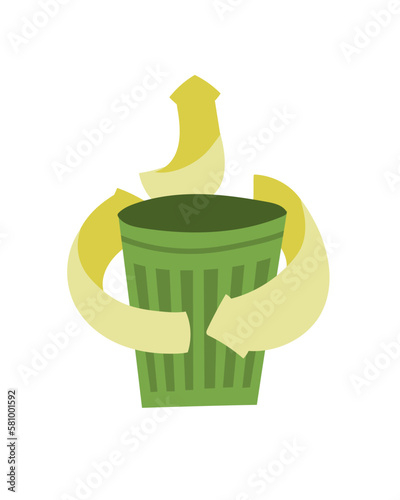 Garbage bin with arrows around it as a symbol of trash upcycle and dream of zero waste living