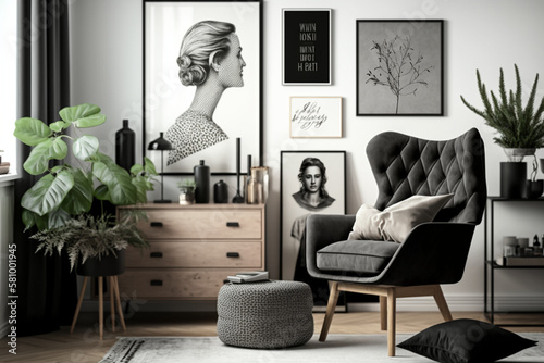 Stylish scandinavian composition of living room with design armchair, loft wall and personal accessories in modern home decor, Generative IA photo