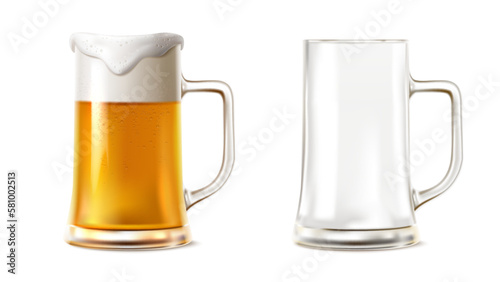 3d realistic vector icon illustration. Beer mug with foam and empty glass mug. isolated on white background.