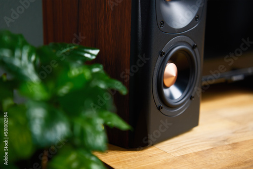 Sound speaker in living room interior. Set for listening music. Audio equipment