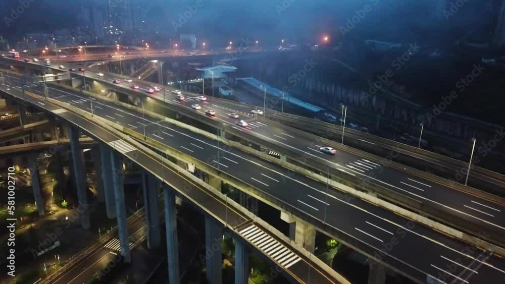 Breathtaking highway aerial of a big interchange bridge of Chongqing