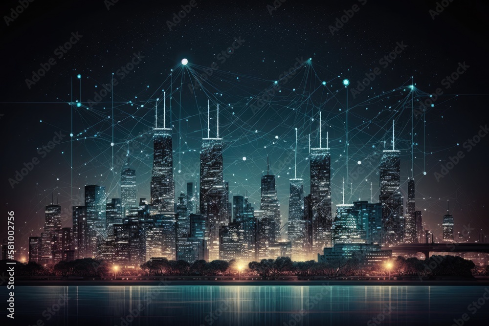 Wireless network and big data technology in smart city with cityscape background