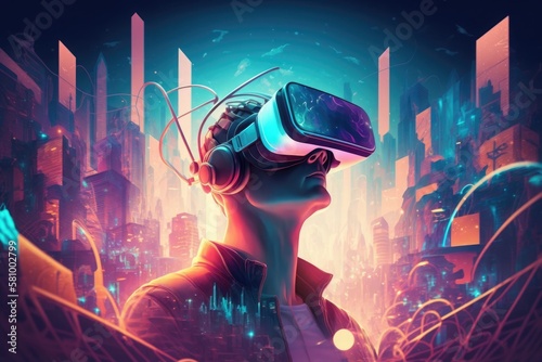 Exploring the Metaverse: Virtual Reality Gaming, Cryptocurrency, and Digital Communities with Futuristic NFTs and VR City Background.