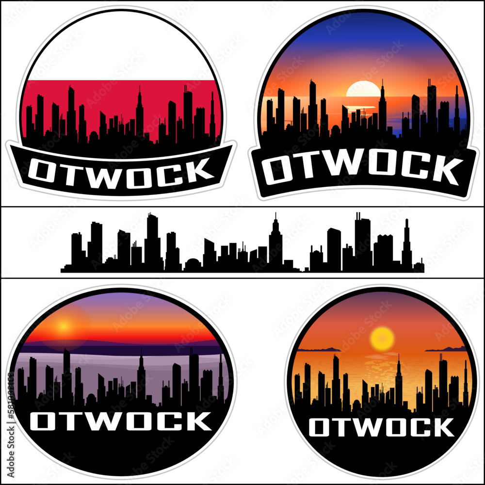 Otwock Skyline Silhouette Poland Flag Travel Souvenir Sticker Sunset Background Vector Illustration SVG EPS AI