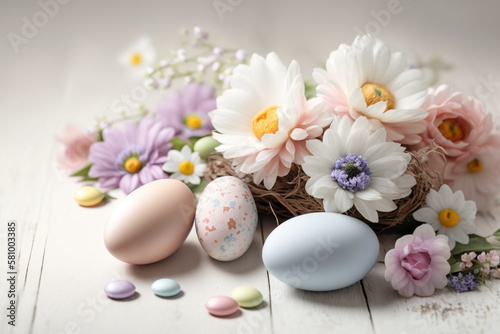 Easter eggs and flowers in a basket on a white wooden background with copy space. AI