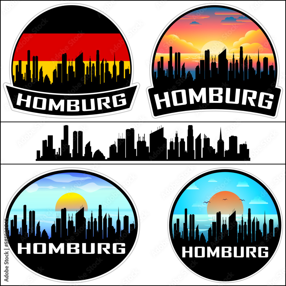 Homburg Skyline Silhouette Germany Flag Travel Souvenir Sticker Sunset Background Vector Illustration SVG EPS AI