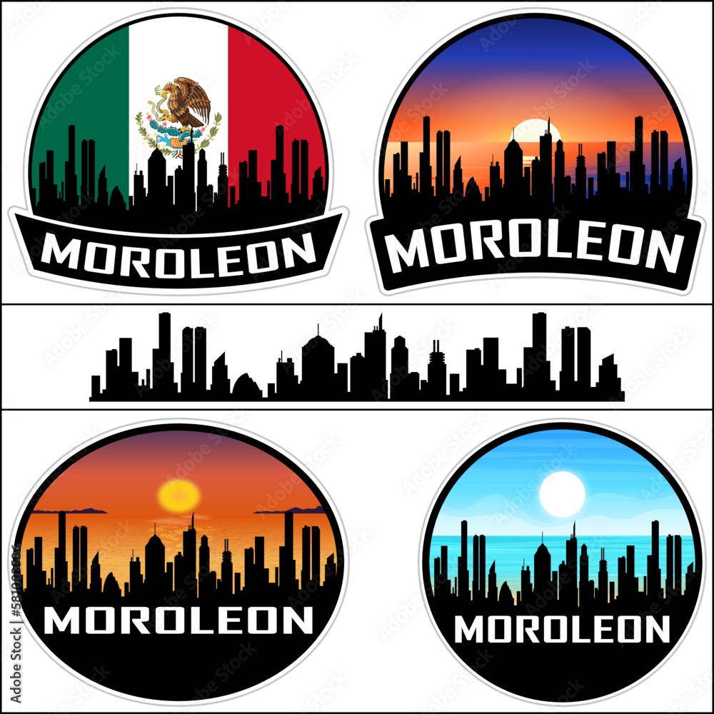 Moroleon Skyline Silhouette Mexico Flag Travel Souvenir Sticker Sunset Background Vector Illustration SVG EPS AI