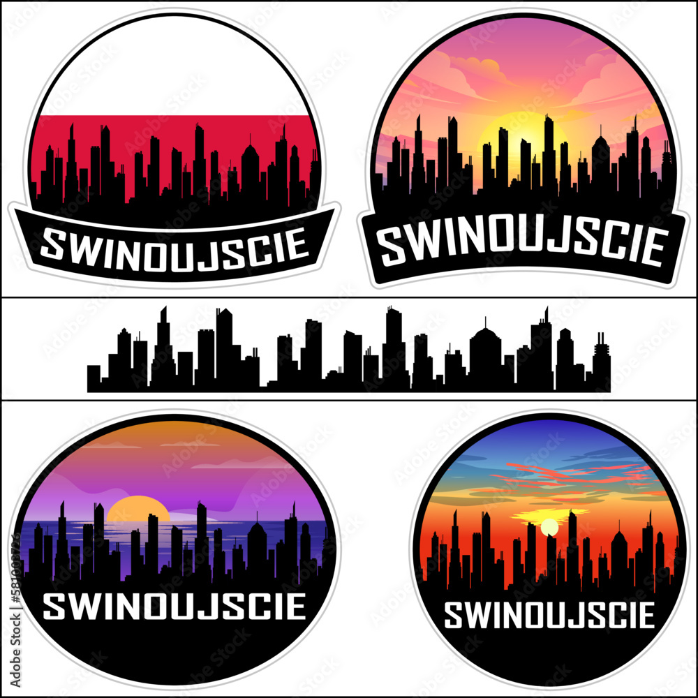 Swinoujscie Skyline Silhouette Poland Flag Travel Souvenir Sticker Sunset Background Vector Illustration SVG EPS AI