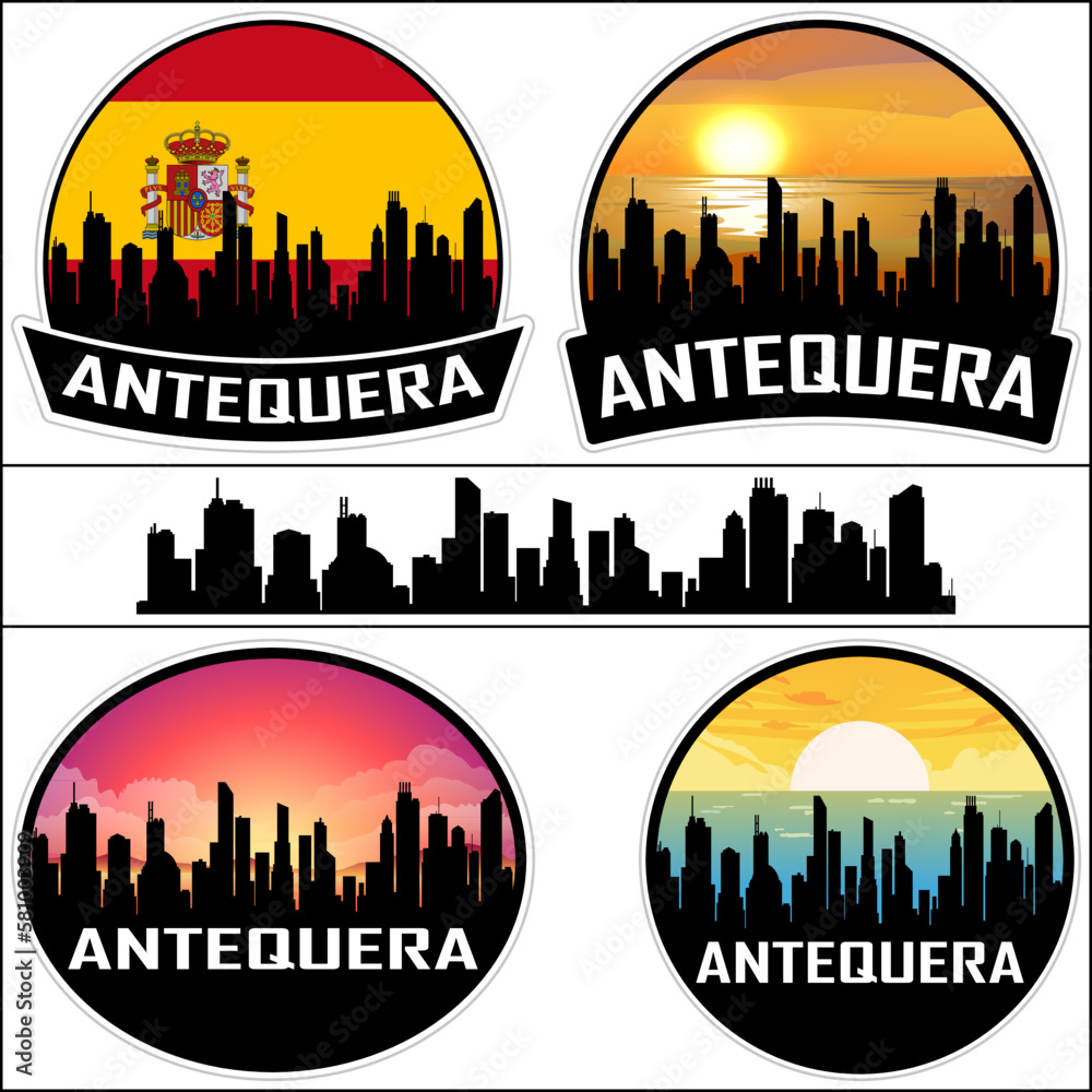 Antequera Skyline Silhouette Spain Flag Travel Souvenir Sticker Sunset Background Vector Illustration SVG EPS AI