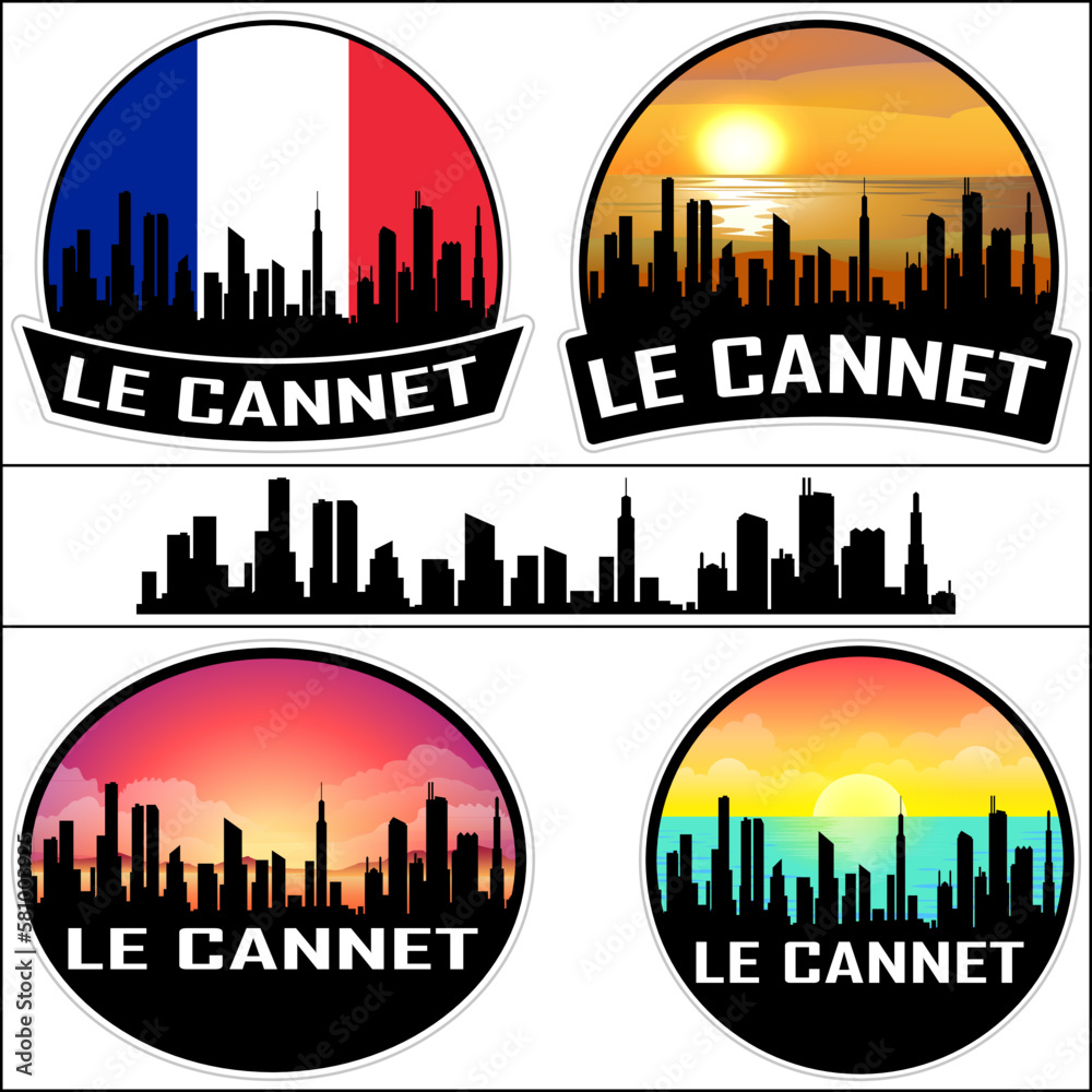 Le Cannet Skyline Silhouette France Flag Travel Souvenir Sticker Sunset Background Vector Illustration SVG EPS AI