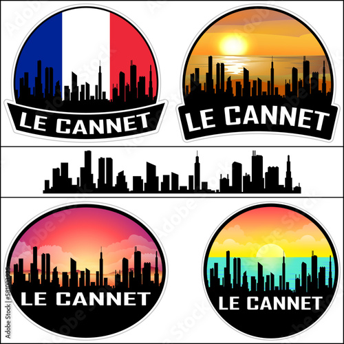 Obraz na plátně Le Cannet Skyline Silhouette France Flag Travel Souvenir Sticker Sunset Backgrou