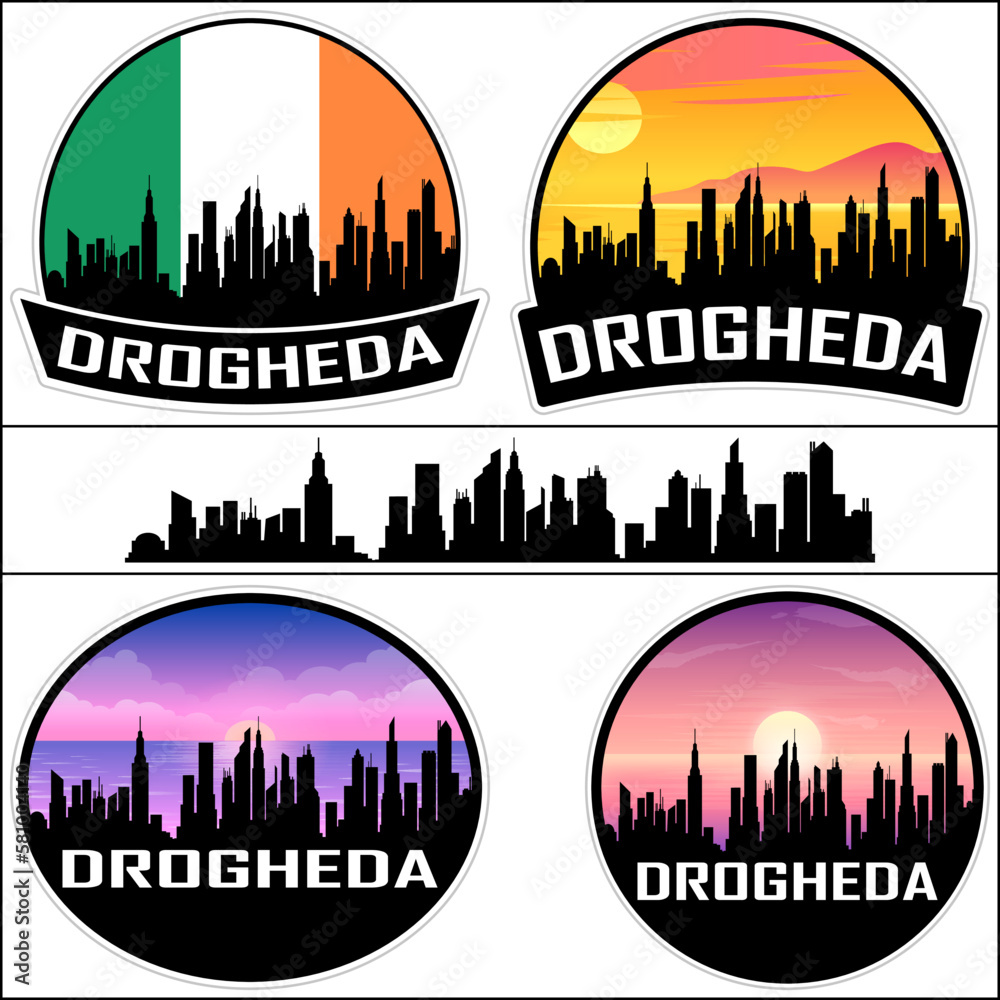 Drogheda Skyline Silhouette Ireland Flag Travel Souvenir Sticker Sunset Background Vector Illustration SVG EPS AI