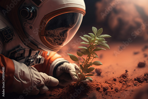 Astronaut found a plant on Mars, futuristic fantasy image, colonization of Mars red planet, new life, grows a plant AI Generative photo