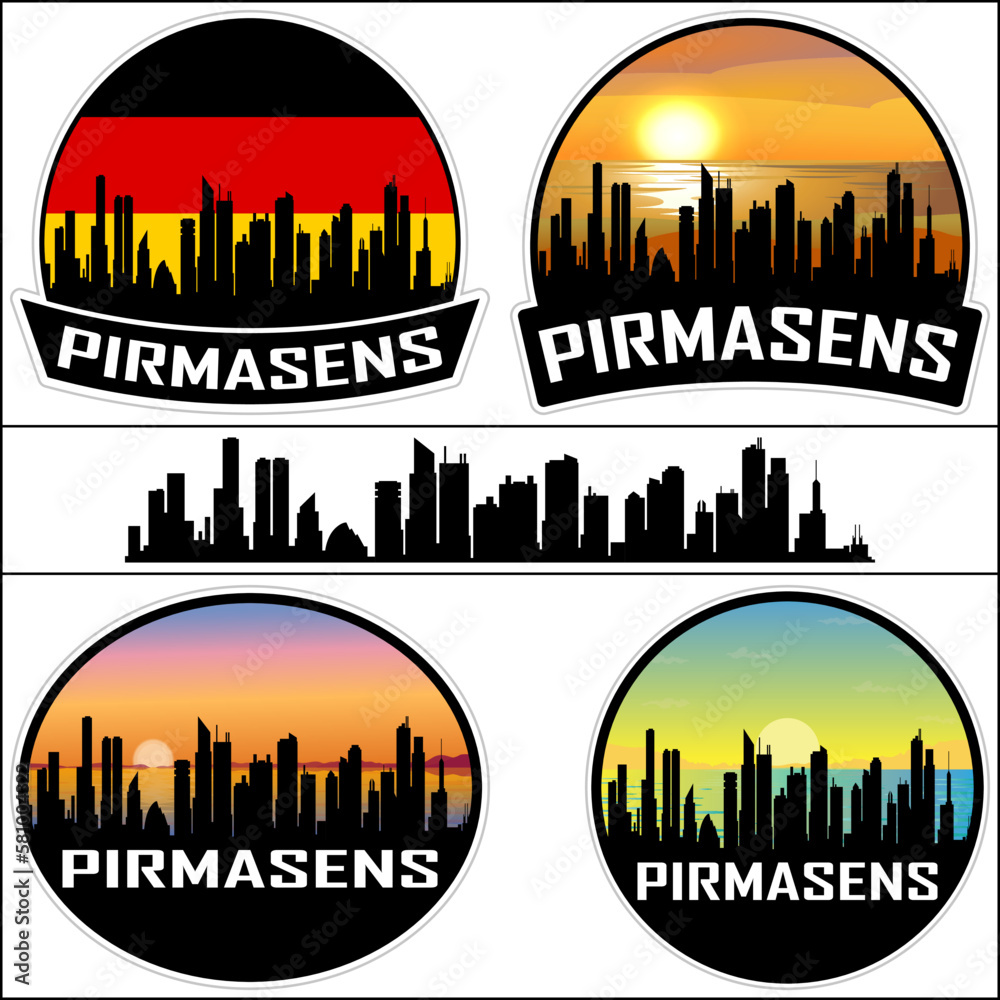 Pirmasens Skyline Silhouette Germany Flag Travel Souvenir Sticker Sunset Background Vector Illustration SVG EPS AI