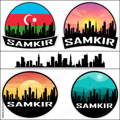Samkir Skyline Silhouette Azerbaijan Flag Travel Souvenir Sticker Sunset Background Vector Illustration SVG EPS AI