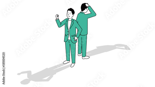 喜ぶ男性と悲しむ男性の背中合わせのイラスト、ベクター