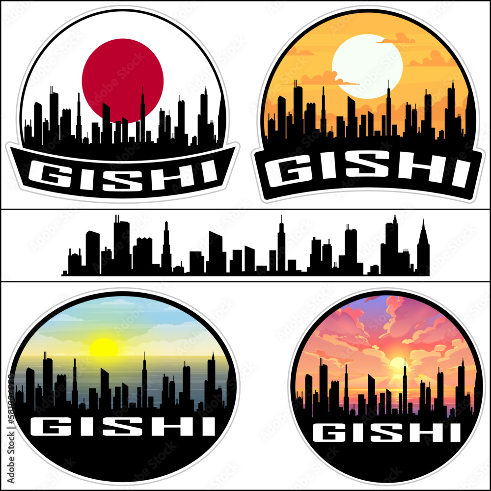 Gishi Skyline Silhouette Japan Flag Travel Souvenir Sticker Sunset Background Vector Illustration SVG EPS AI