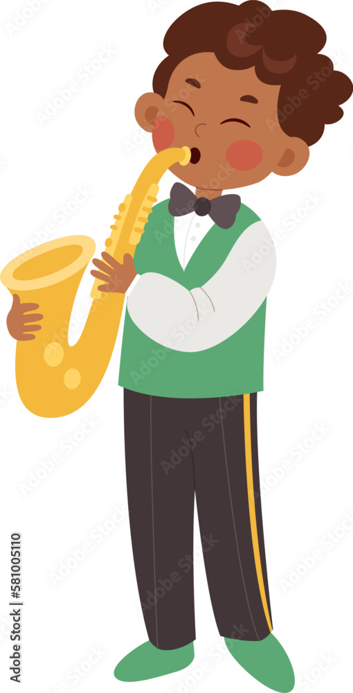Boy play on saxophone flat illustration Classic musical instrument Boy play on saxophone flat illustration Classic musical instrument