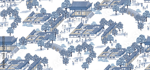 Seamless pattern illustration. Korea's old architecture and people's landscape 