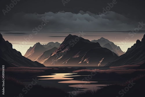 Dark pastel tones landscape illustration, Generative AI