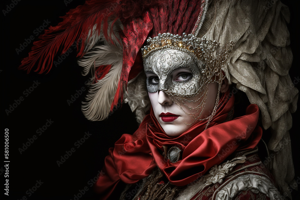  Venetian carnival costume. Venetian carnival mask. Venice, Italy. portrait of a gold and red mask in Piazza San Marco,  Created using generative AI tools.