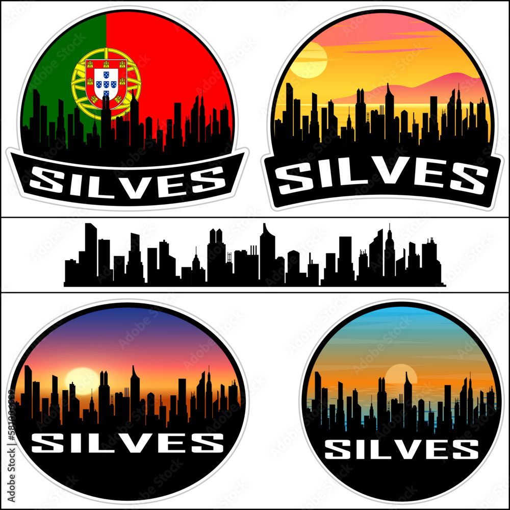 Silves Skyline Silhouette Portugal Flag Travel Souvenir Sticker Sunset Background Vector Illustration SVG EPS AI