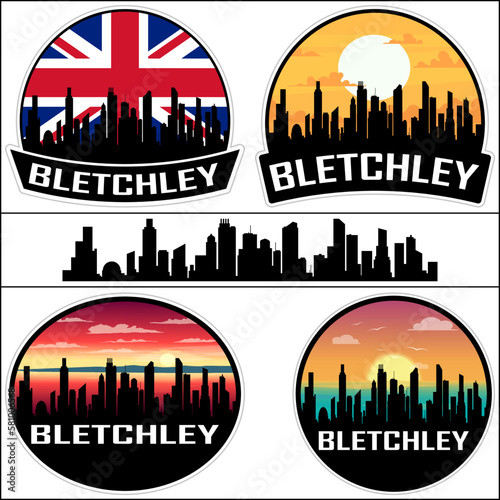 Bletchley Skyline Silhouette Uk Flag Travel Souvenir Sticker Sunset Background Vector Illustration SVG EPS AI photo