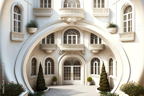 white apartment building with beaful arched passages in american style house exterior, created with generative ai photo