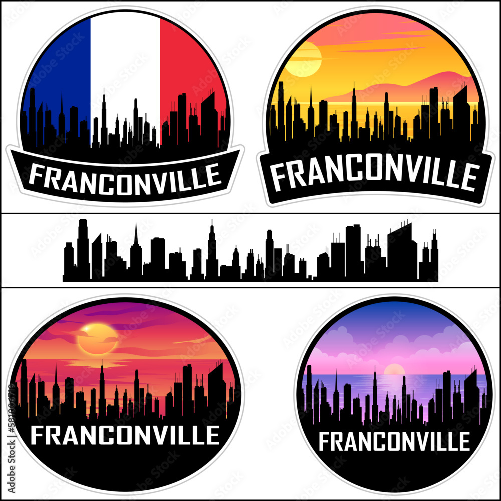 Franconville Skyline Silhouette France Flag Travel Souvenir Sticker Sunset Background Vector Illustration SVG EPS AI