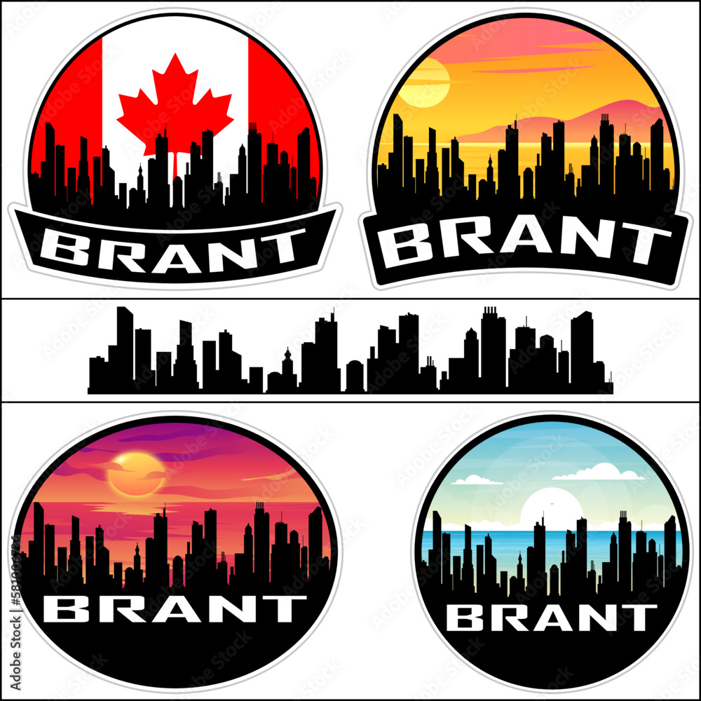 Brant Skyline Silhouette Canada Flag Travel Souvenir Sticker Sunset Background Vector Illustration SVG EPS AI
