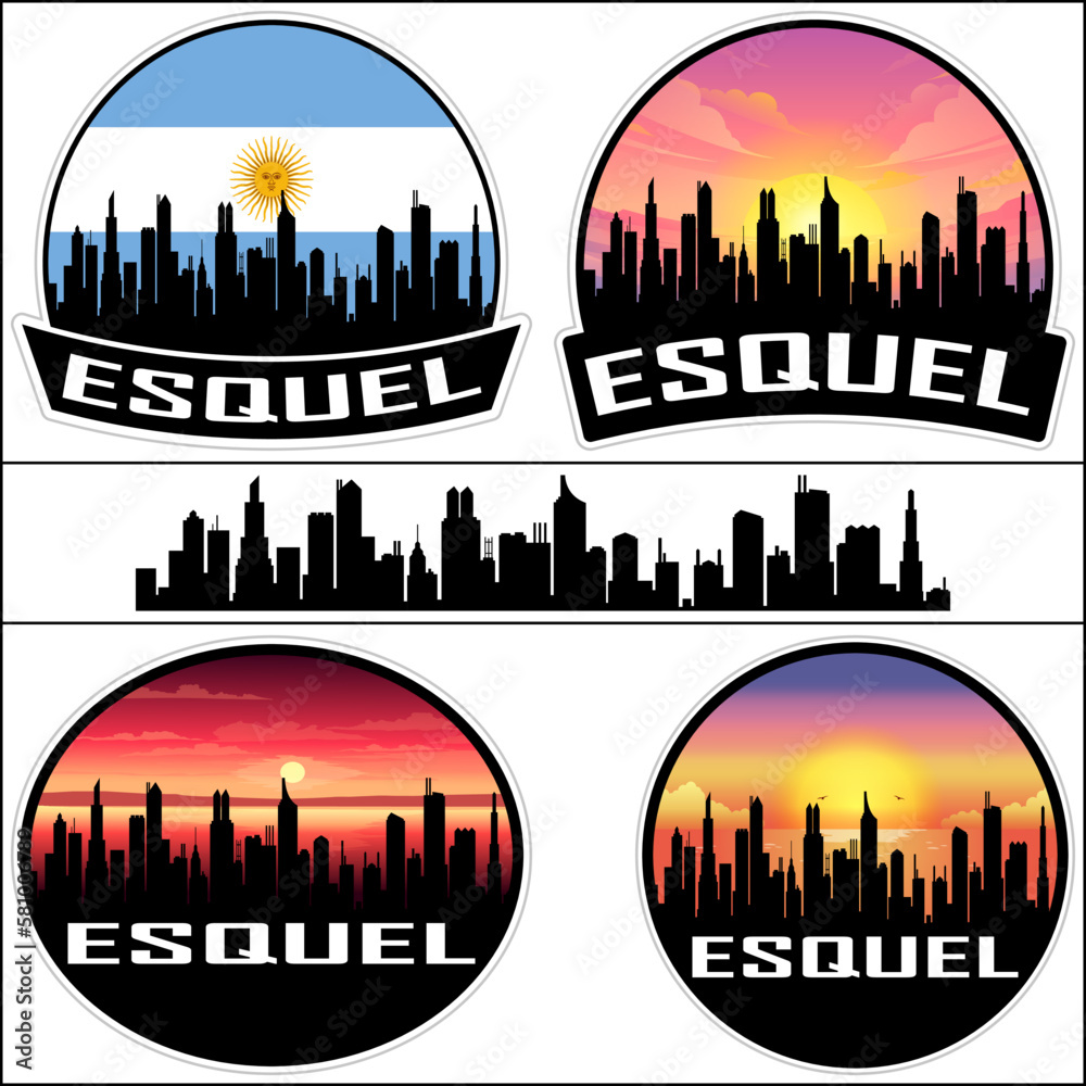 Esquel Skyline Silhouette Argentina Flag Travel Souvenir Sticker Sunset Background Vector Illustration SVG EPS AI
