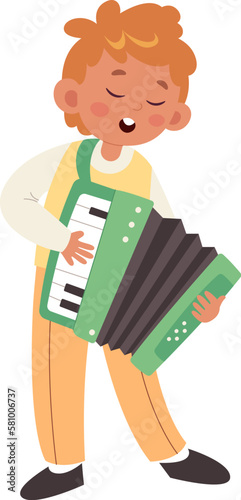 Boy play on accordion flat illustration Classic musical instrument
