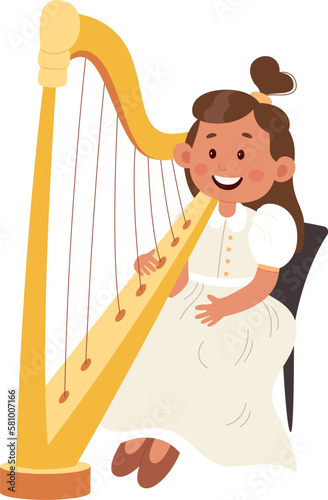 Girl play on harp flat illustration Classic musical instrument