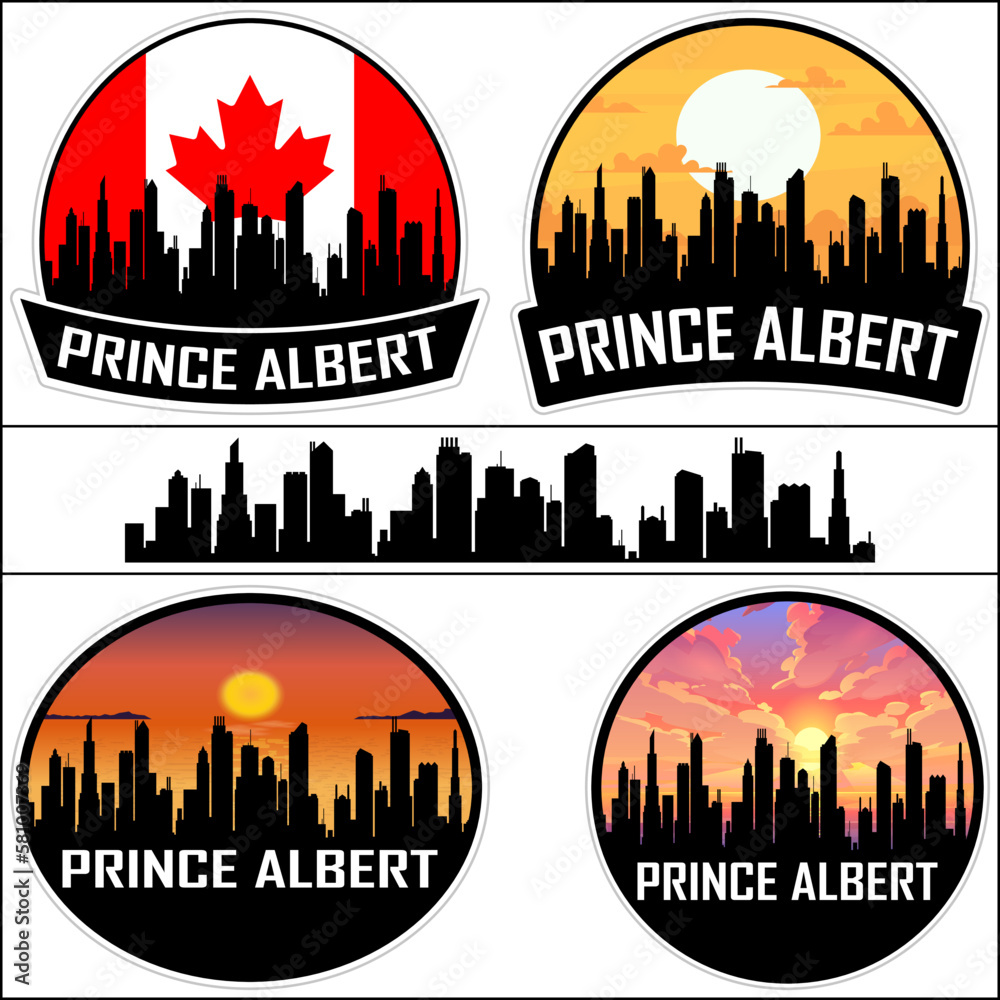 Prince Albert Skyline Silhouette Canada Flag Travel Souvenir Sticker Sunset Background Vector Illustration SVG EPS AI