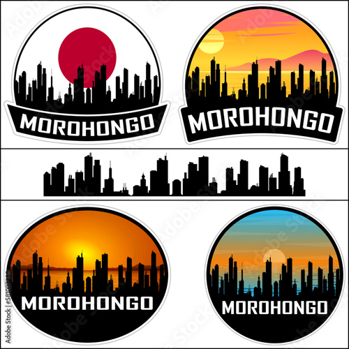 Morohongo Skyline Silhouette Japan Flag Travel Souvenir Sticker Sunset Background Vector Illustration SVG EPS AI