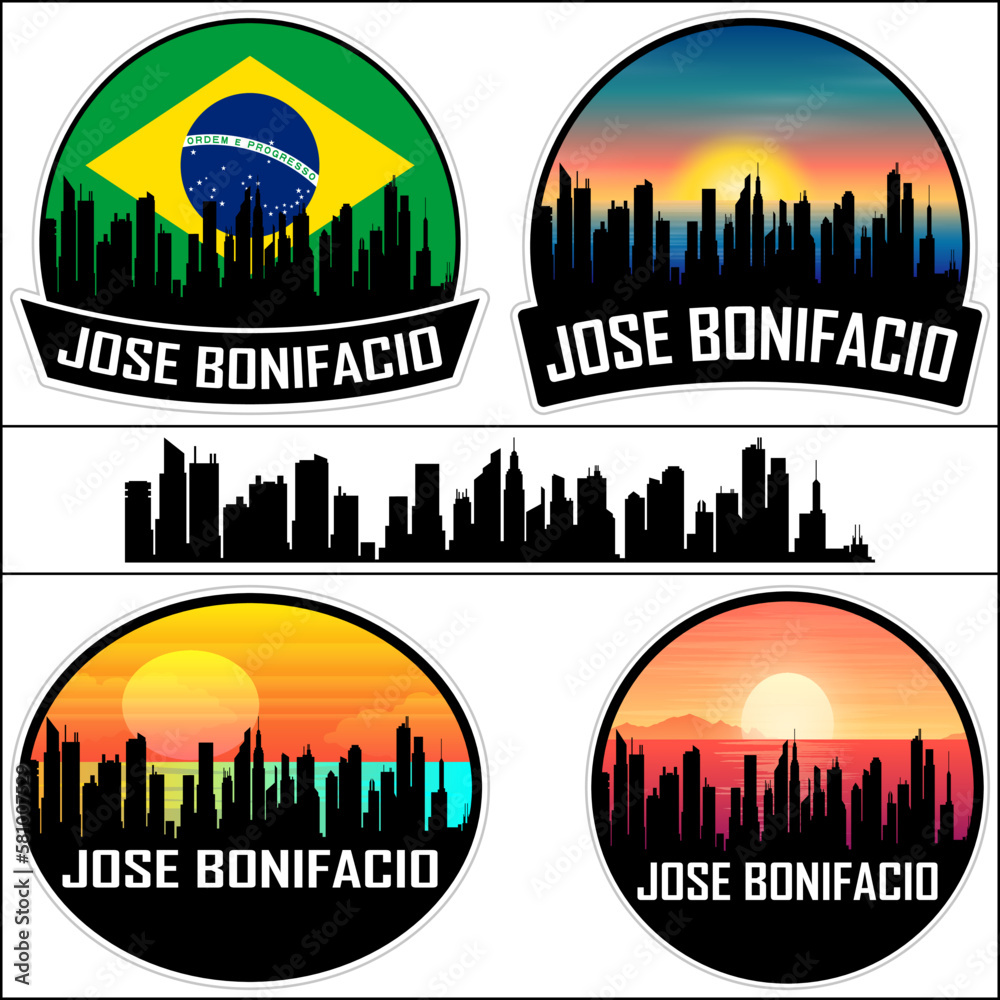 Jose Bonifacio Skyline Silhouette Brazil Flag Travel Souvenir Sticker Sunset Background Vector Illustration SVG EPS AI