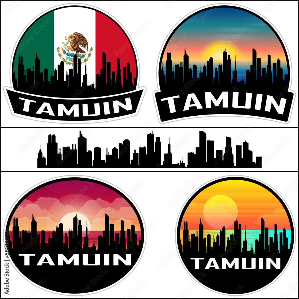 Tamuin Skyline Silhouette Mexico Flag Travel Souvenir Sticker Sunset Background Vector Illustration SVG EPS AI