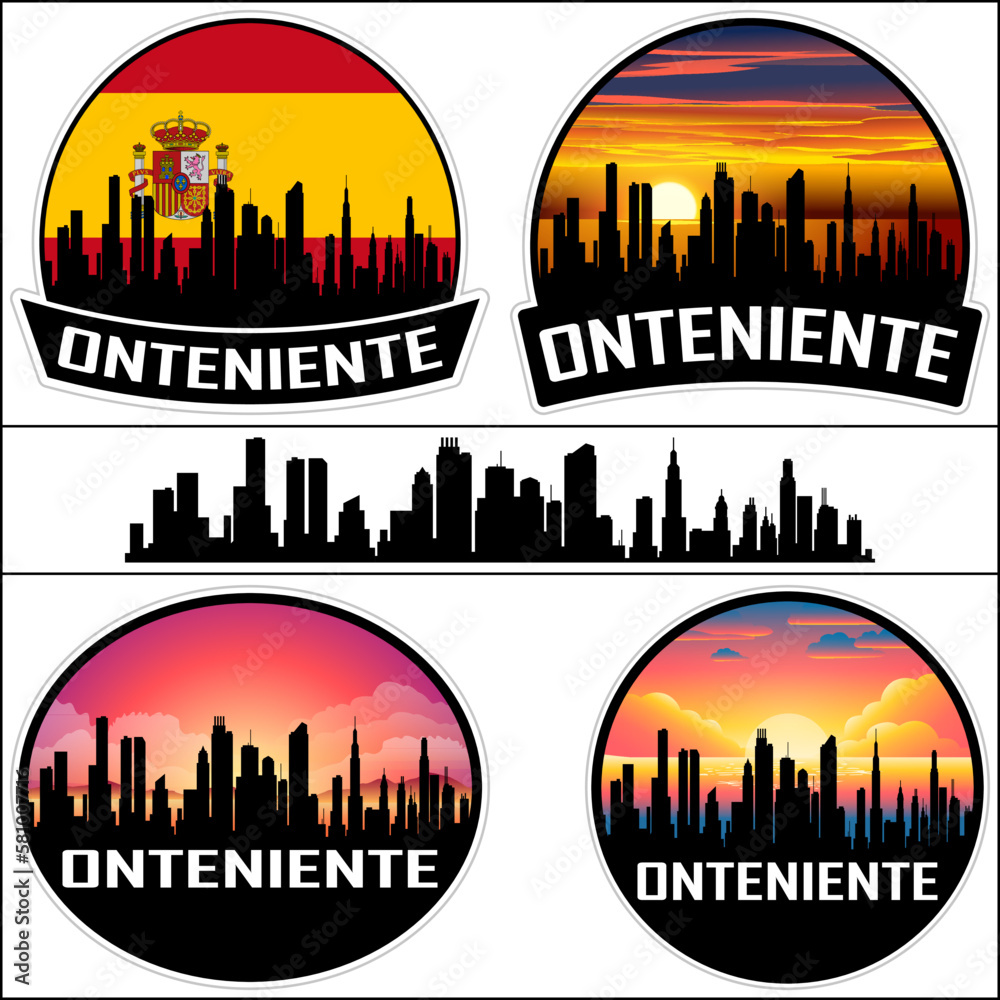 Onteniente Skyline Silhouette Spain Flag Travel Souvenir Sticker Sunset Background Vector Illustration SVG EPS AI