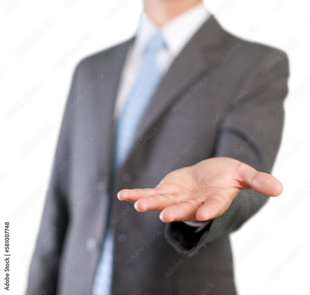Young businessman hand presents something