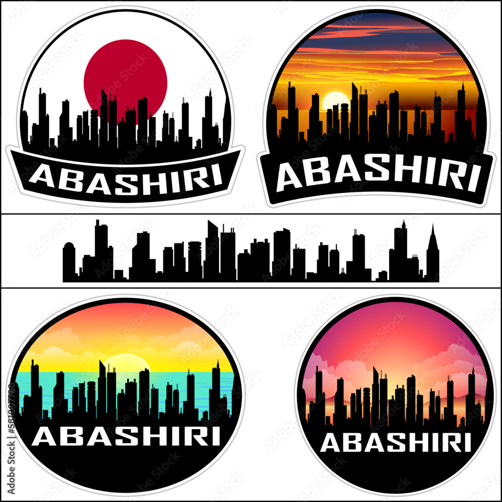 Abashiri Skyline Silhouette Japan Flag Travel Souvenir Sticker Sunset Background Vector Illustration SVG EPS AI
