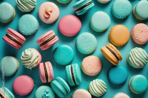 Pastel colors french macaroon dessert background. Generative AI