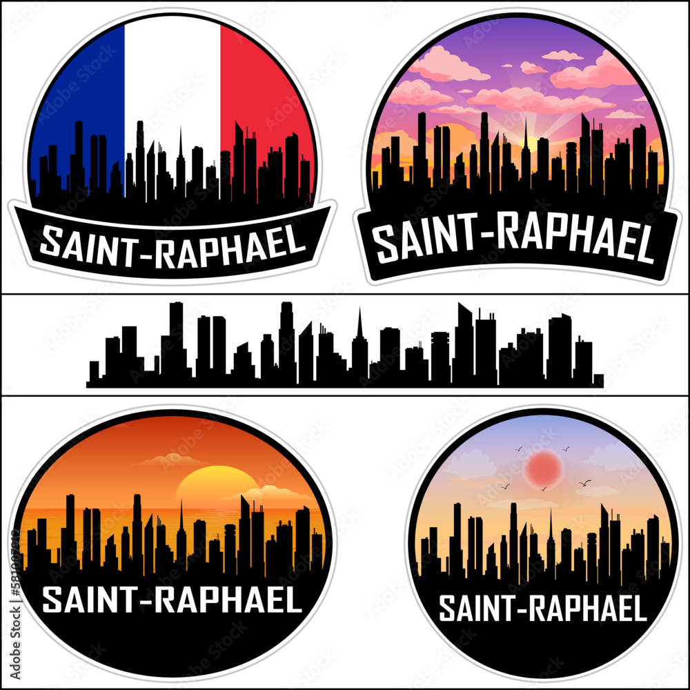 Saint Raphael Skyline Silhouette France Flag Travel Souvenir Sticker Sunset Background Vector Illustration SVG EPS AI