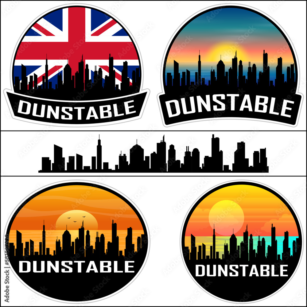 Dunstable Skyline Silhouette Uk Flag Travel Souvenir Sticker Sunset Background Vector Illustration SVG EPS AI