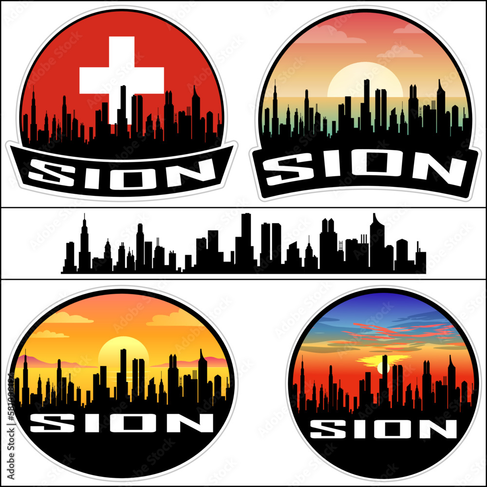 Sion Skyline Silhouette Switzerland Flag Travel Souvenir Sticker Sunset Background Vector Illustration SVG EPS AI