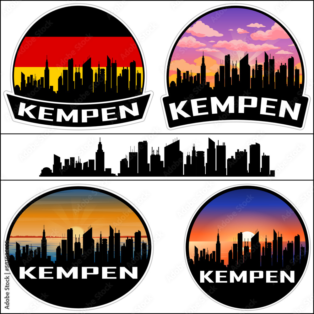 Kempen Skyline Silhouette Germany Flag Travel Souvenir Sticker Sunset Background Vector Illustration SVG EPS AI