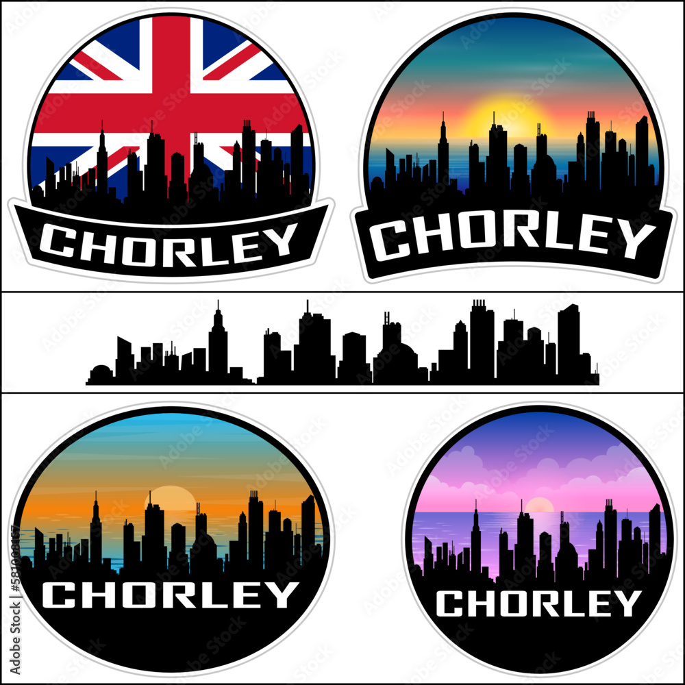Chorley Skyline Silhouette Uk Flag Travel Souvenir Sticker Sunset Background Vector Illustration SVG EPS AI