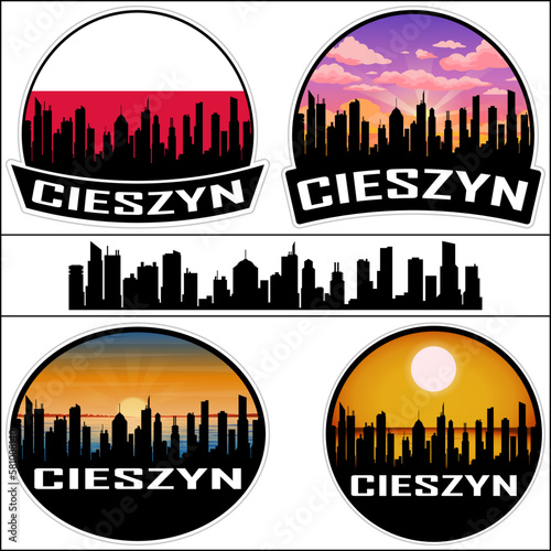 Cieszyn Skyline Silhouette Poland Flag Travel Souvenir Sticker Sunset Background Vector Illustration SVG EPS AI photo